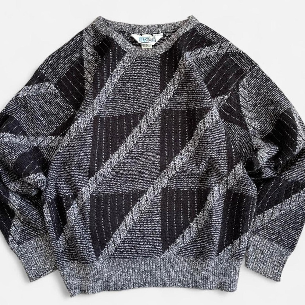 Vintage Life Trends Gray Black Retro Geometric Acrylic Knit Grandpa Sweater